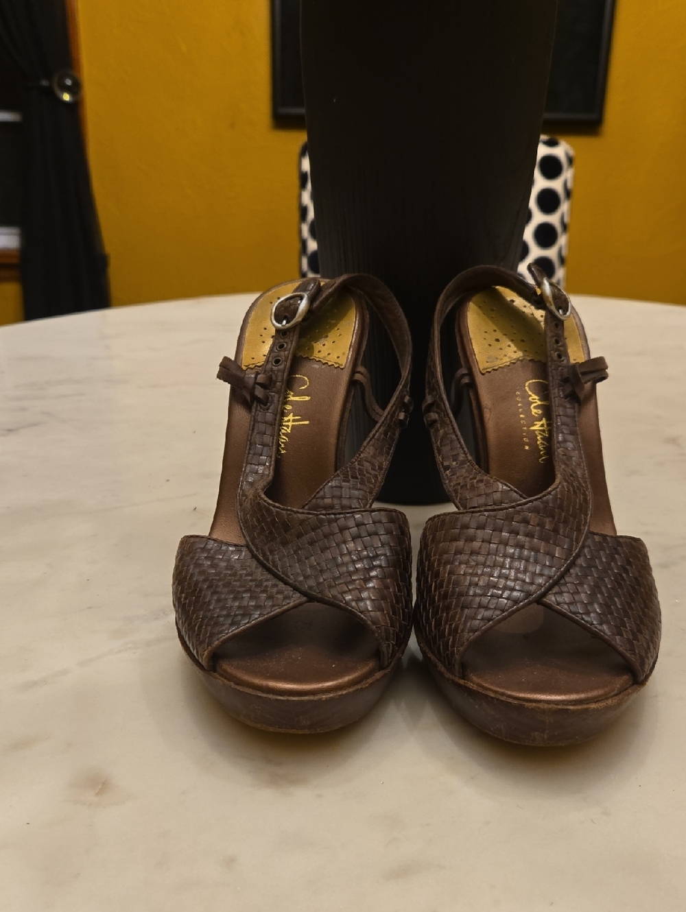 Cole Haan Brown Woven Leather Peep-Toe Heels